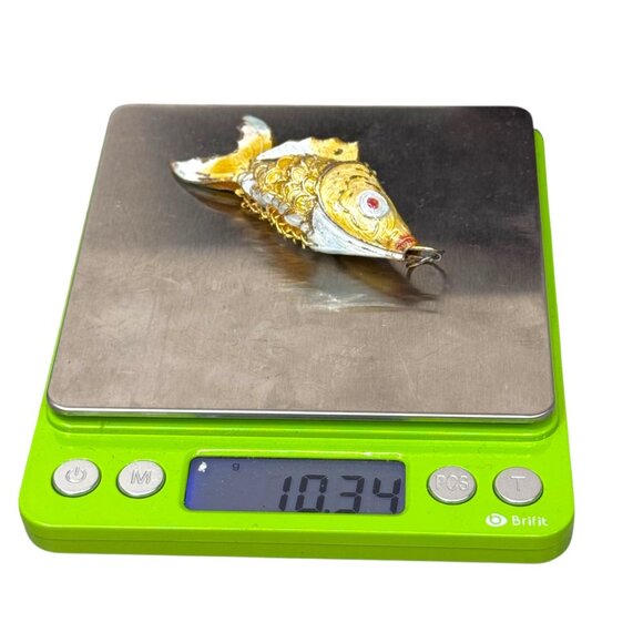 Vintage Gold & Silver Fish Keychain Pendant Large Cloisonne Articulated Ornament - Picture 5 of 5